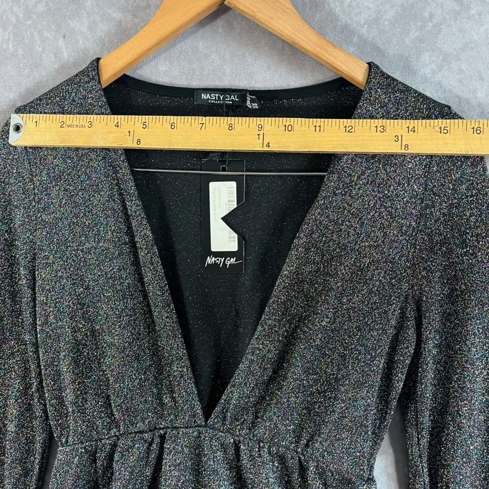 Nasty Gal Plunge Metallic Romper Womens 6 Navy Multicolor Glitter Long Sleeve - Picture 4 of 8
